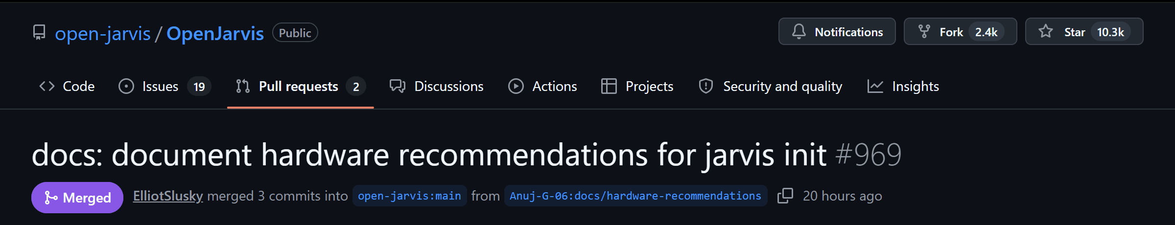 The merged pull request on GitHub: open-jarvis/OpenJarvis #969, "docs: document hardware recommendations for jarvis init", merged by ElliotSlusky into open-jarvis:main